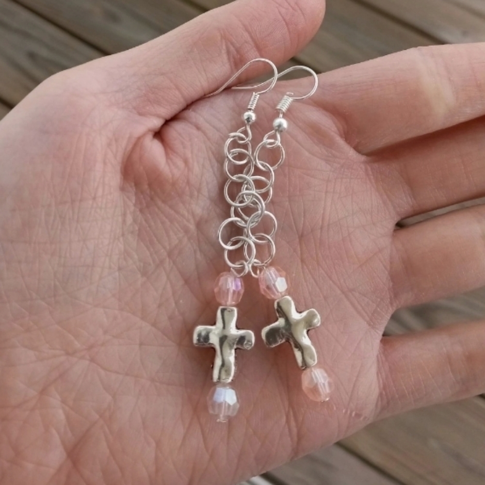 Hand crafted New Sterling Silver Cross statement earrings Pastel Crystal chain